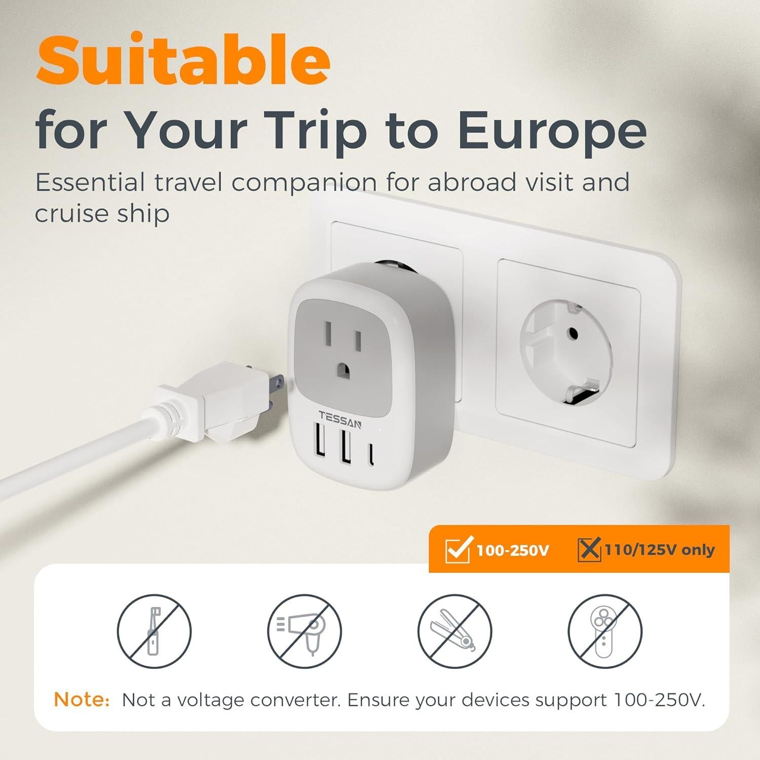 Adaptador de Enchufe de Viaje TESSAN Tipo C con 3 USB