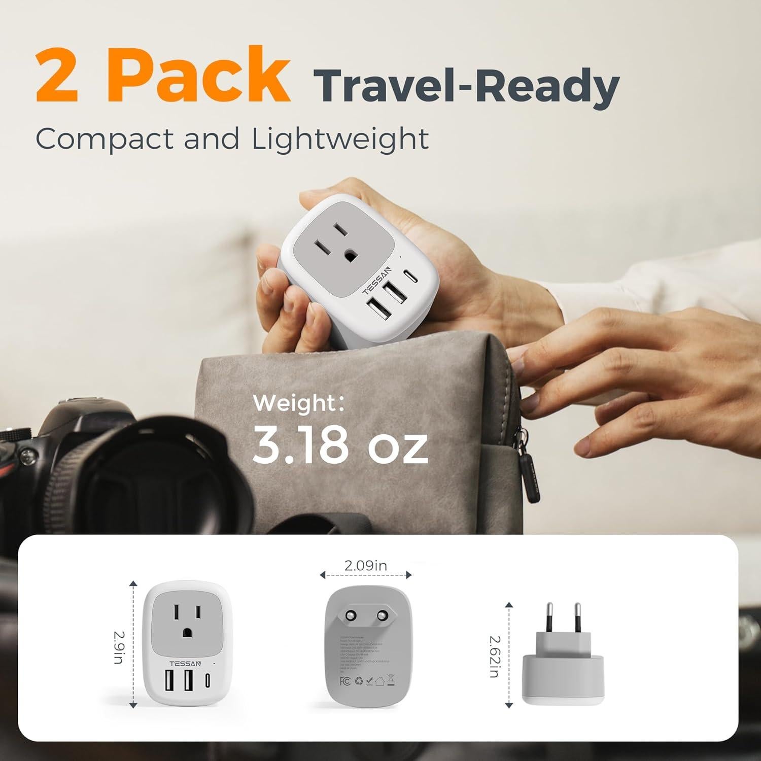 Adaptador de Enchufe de Viaje TESSAN Tipo C con 3 USB