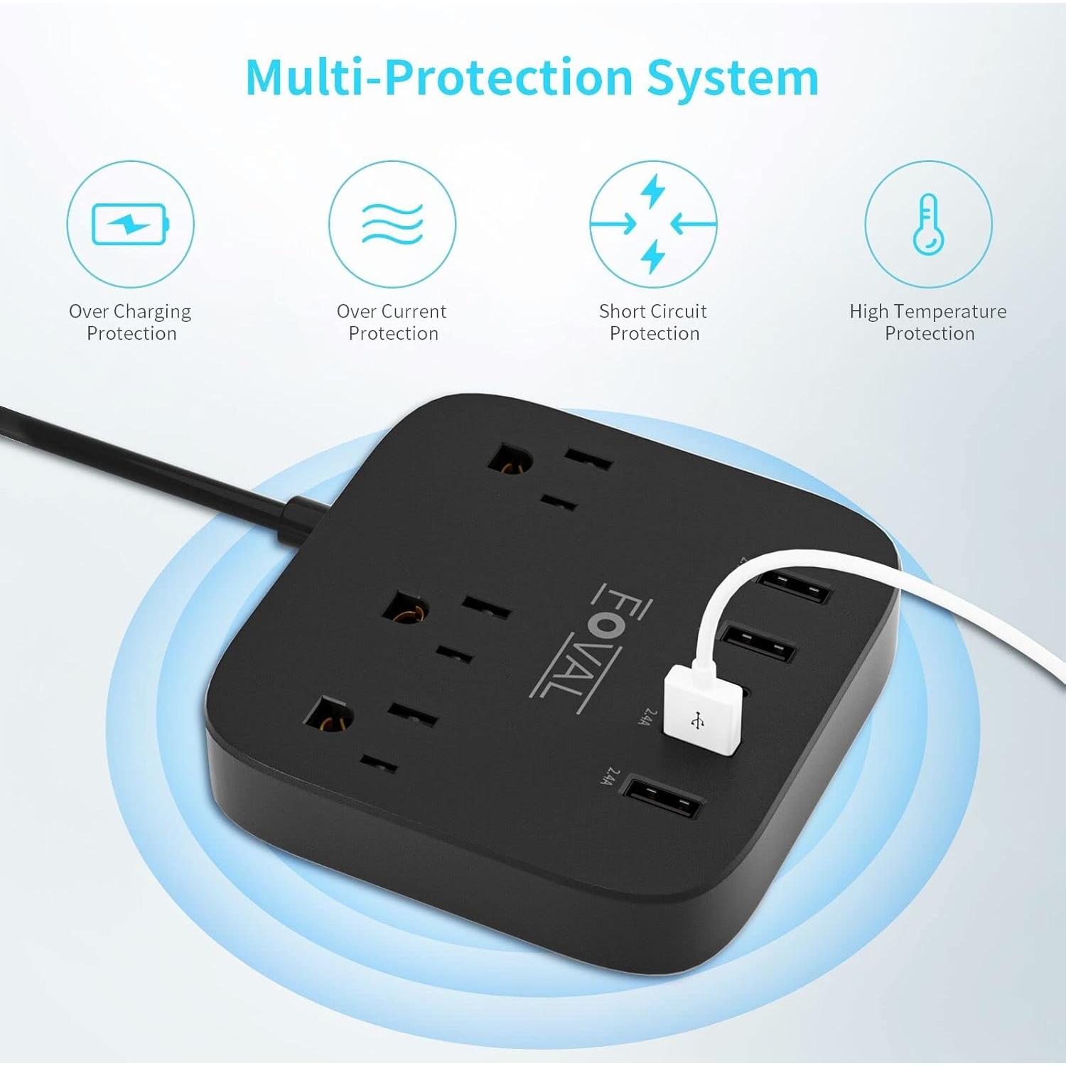 Regleta de Alimentación FOVAL 8 en 1 con USB y Adaptadores EU UK US