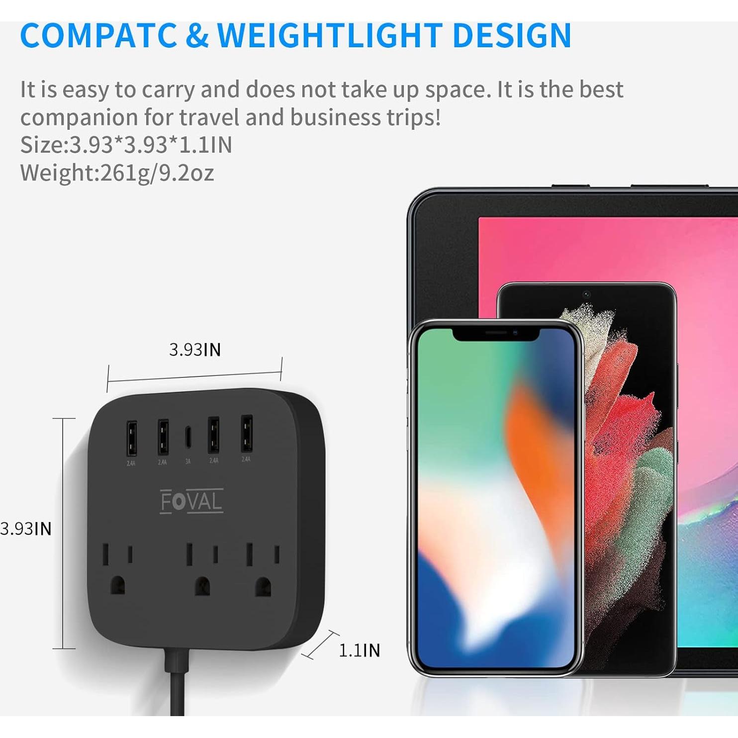 Regleta de Alimentación FOVAL 8 en 1 con USB y Adaptadores EU UK US