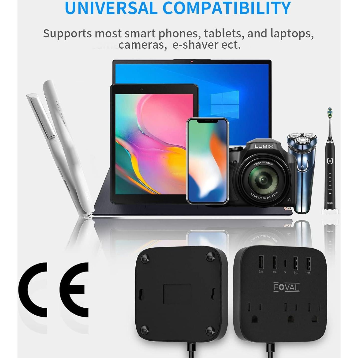 Regleta de Alimentación FOVAL 8 en 1 con USB y Adaptadores EU UK US