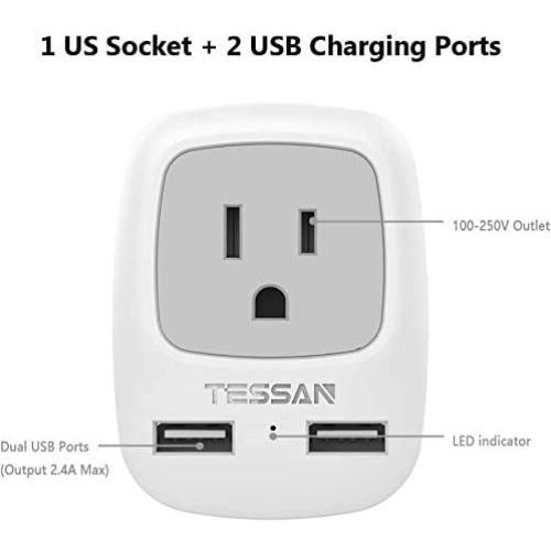 Adaptador de Enchufe de Viaje TESSAN Tipo C con 2 USB Gris