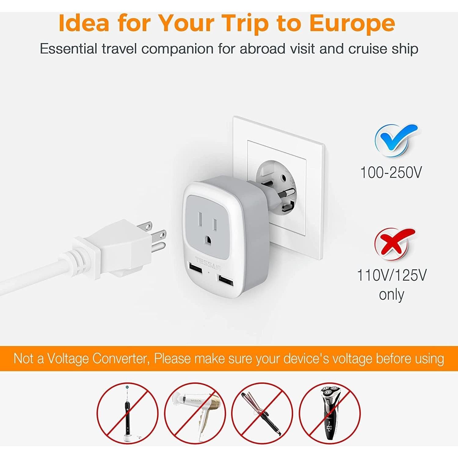 Adaptador de Enchufe de Viaje TESSAN Tipo C con 2 USB Gris