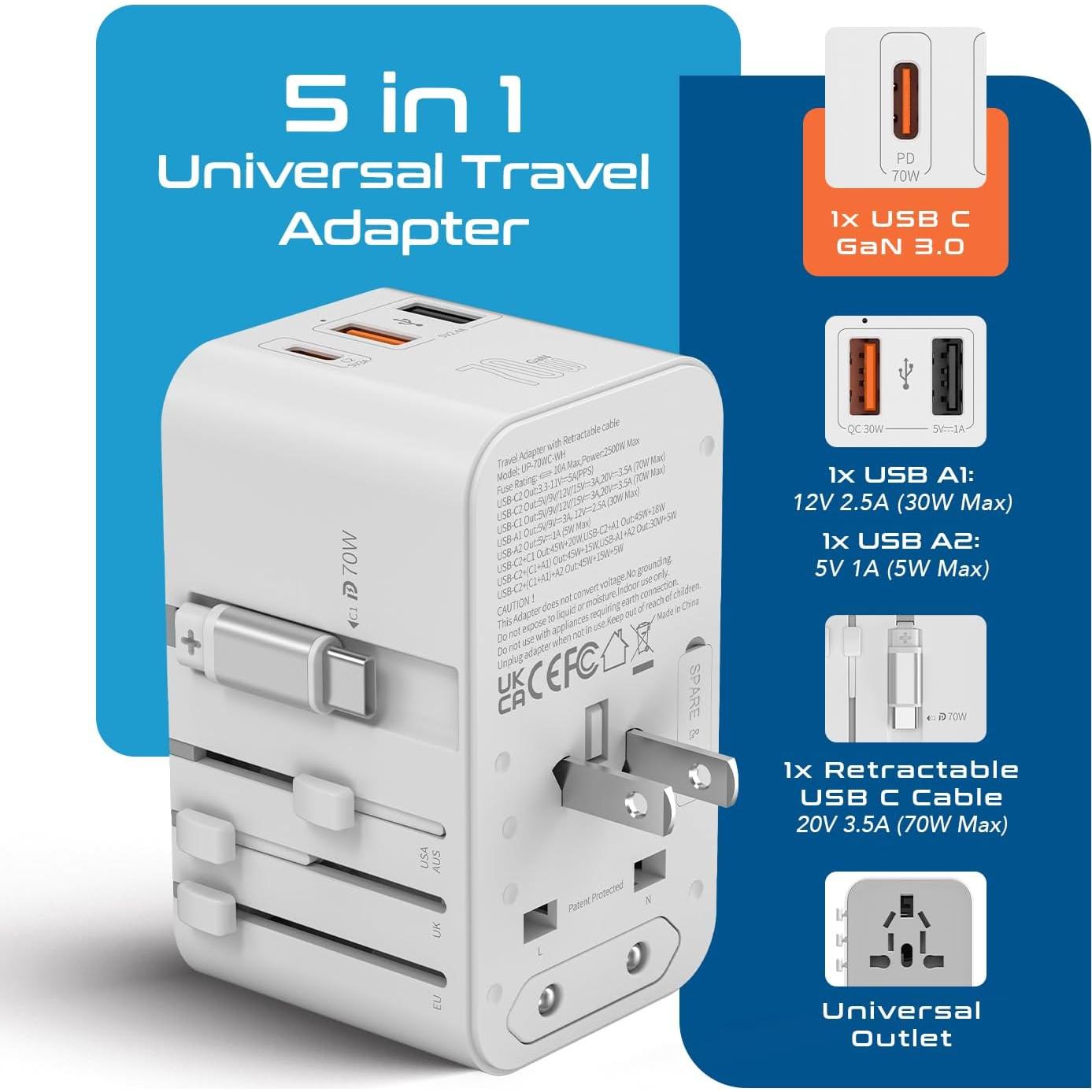 Adaptador de Viaje Universal Ceptics 70W con Cable USB-C Retráctil