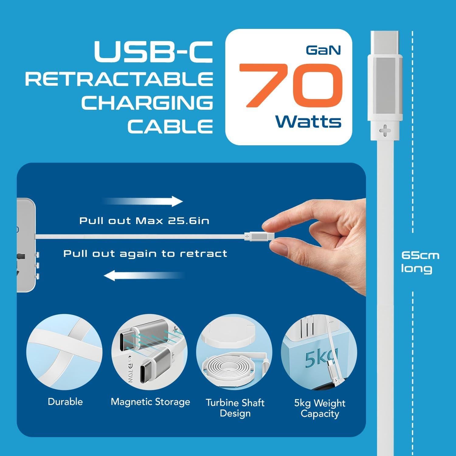 Adaptador de Viaje Universal Ceptics 70W con Cable USB-C Retráctil