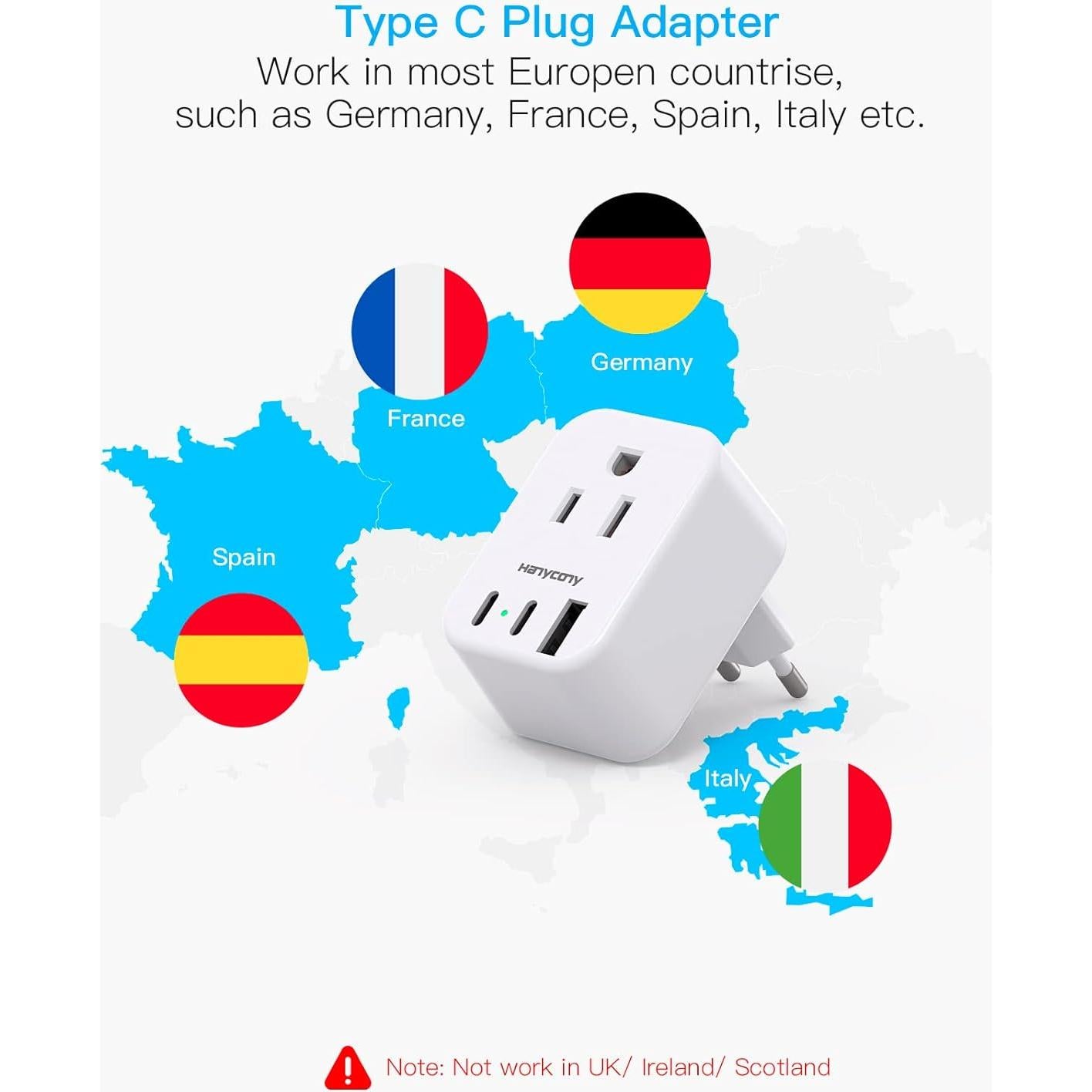 Adaptador de Enchufe de Viaje HANYCONY Tipo C 2 Salidas 3 USB
