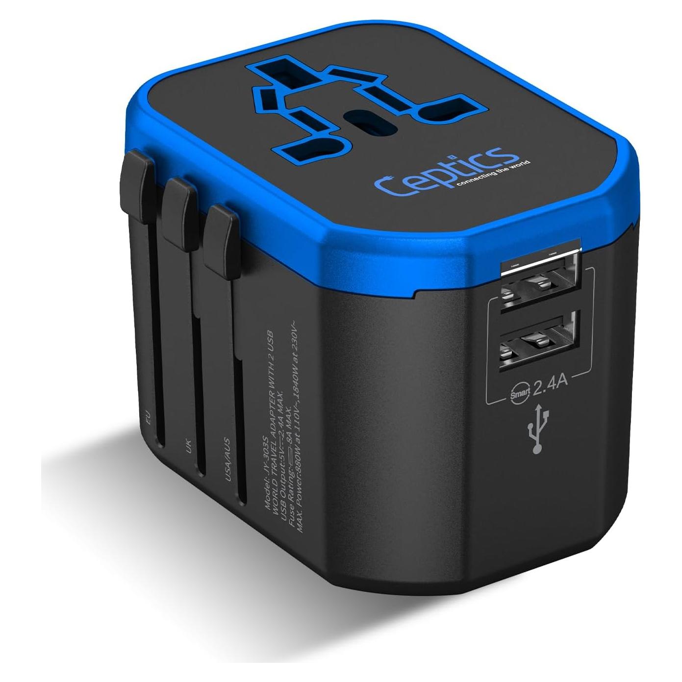 Adaptador Universal Ceptics UP-8KU-BLK 2 USB Tipo A C 110V 220V