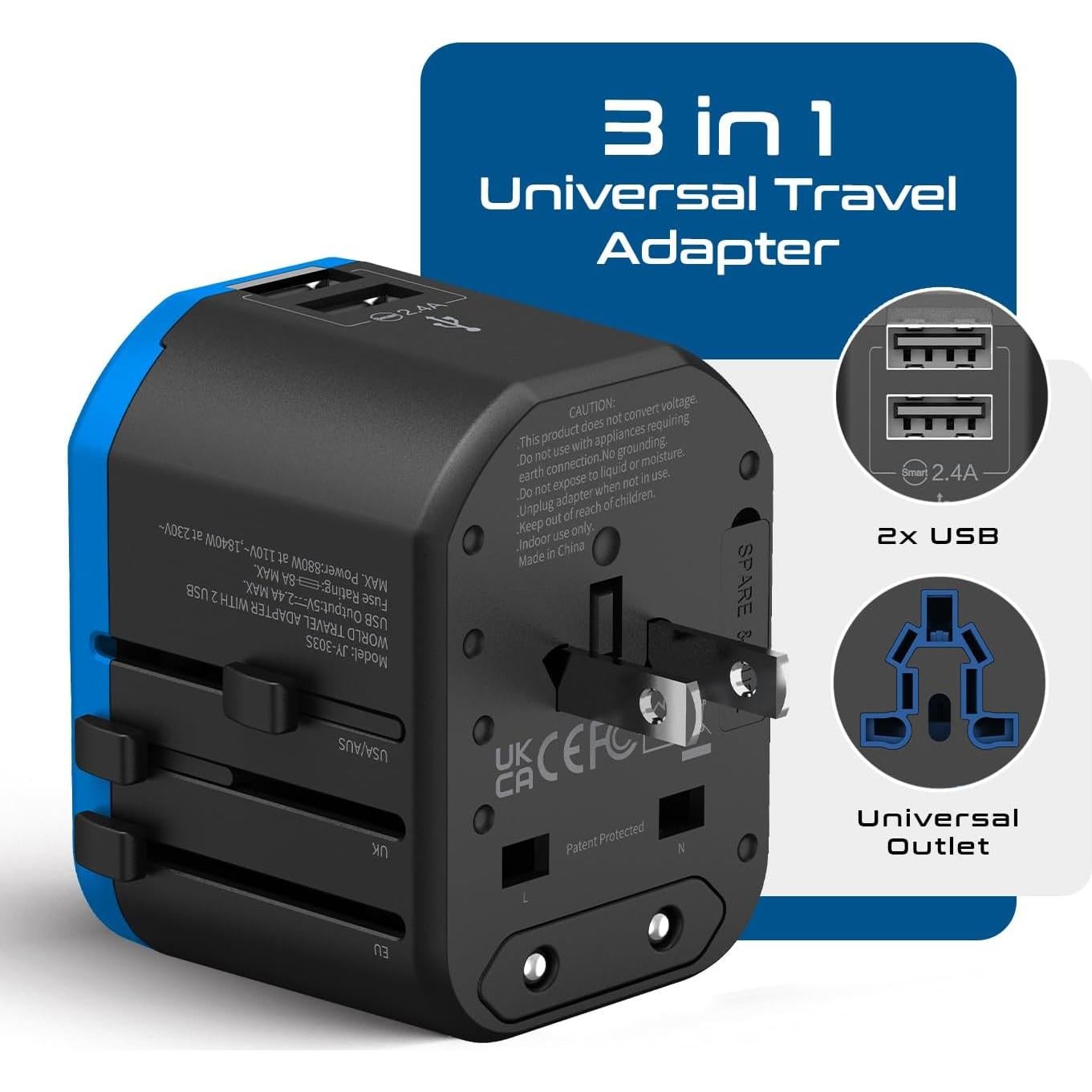 Adaptador Universal Ceptics UP-8KU-BLK 2 USB Tipo A C 110V 220V
