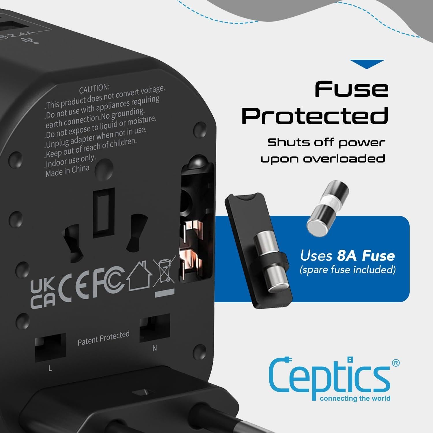 Adaptador Universal Ceptics UP-8KU-BLK 2 USB Tipo A C 110V 220V