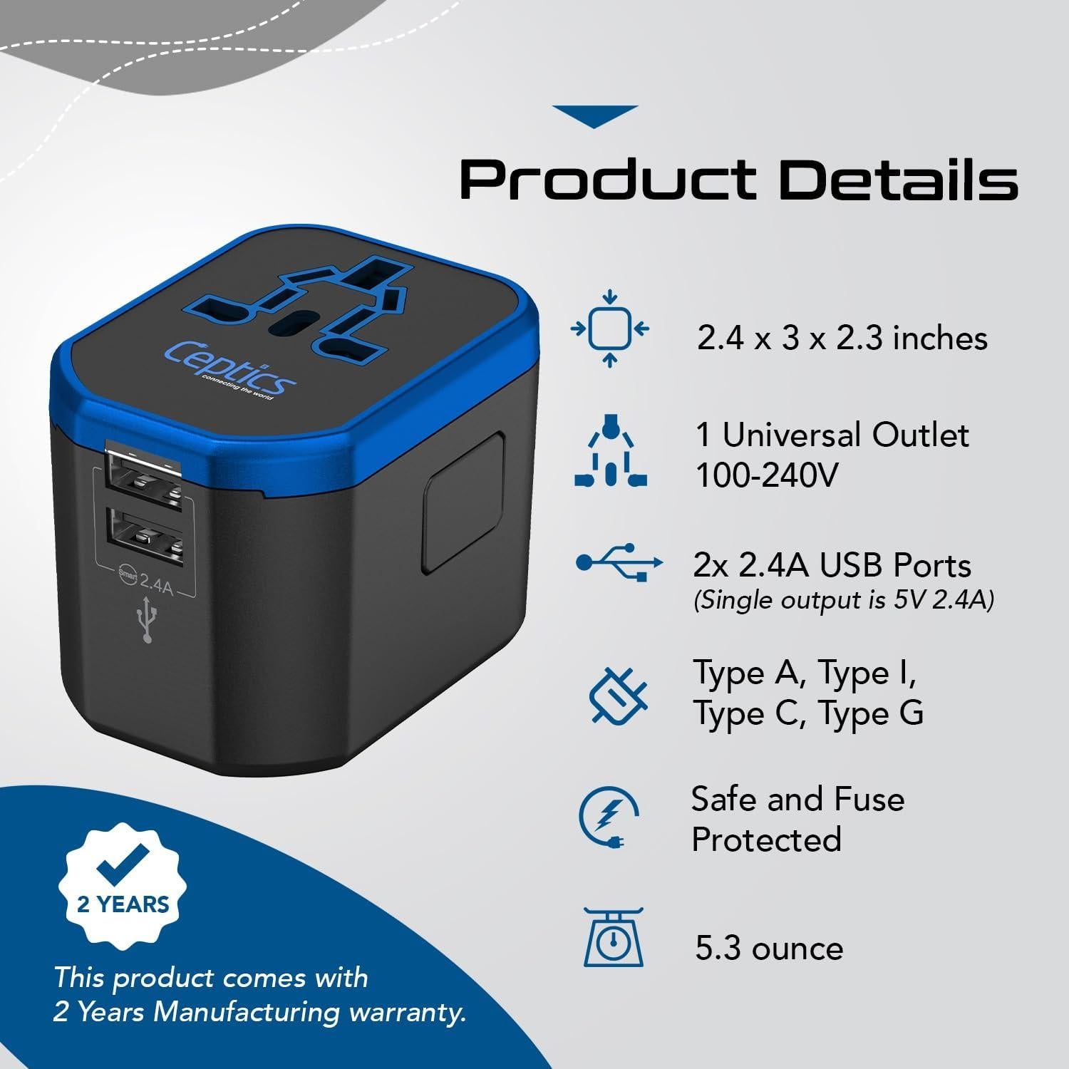 Adaptador Universal Ceptics UP-8KU-BLK 2 USB Tipo A C 110V 220V