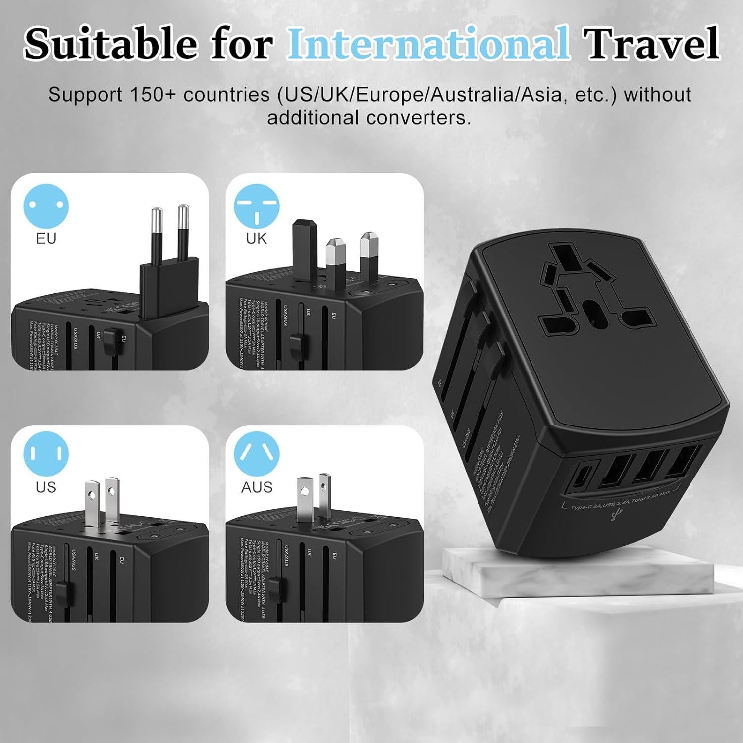 Adaptador de Viaje Universal Pecrol con 4 Enchufes y 4 Puertos USB