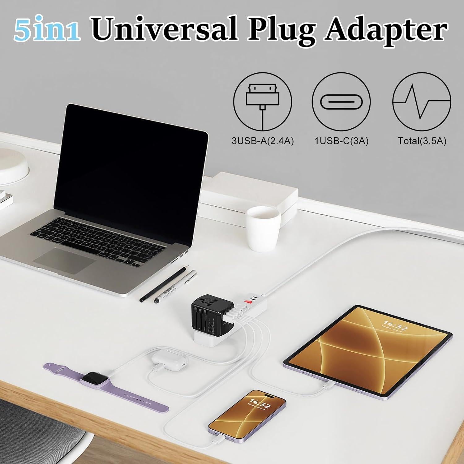 Adaptador de Viaje Universal Pecrol con 4 Enchufes y 4 Puertos USB