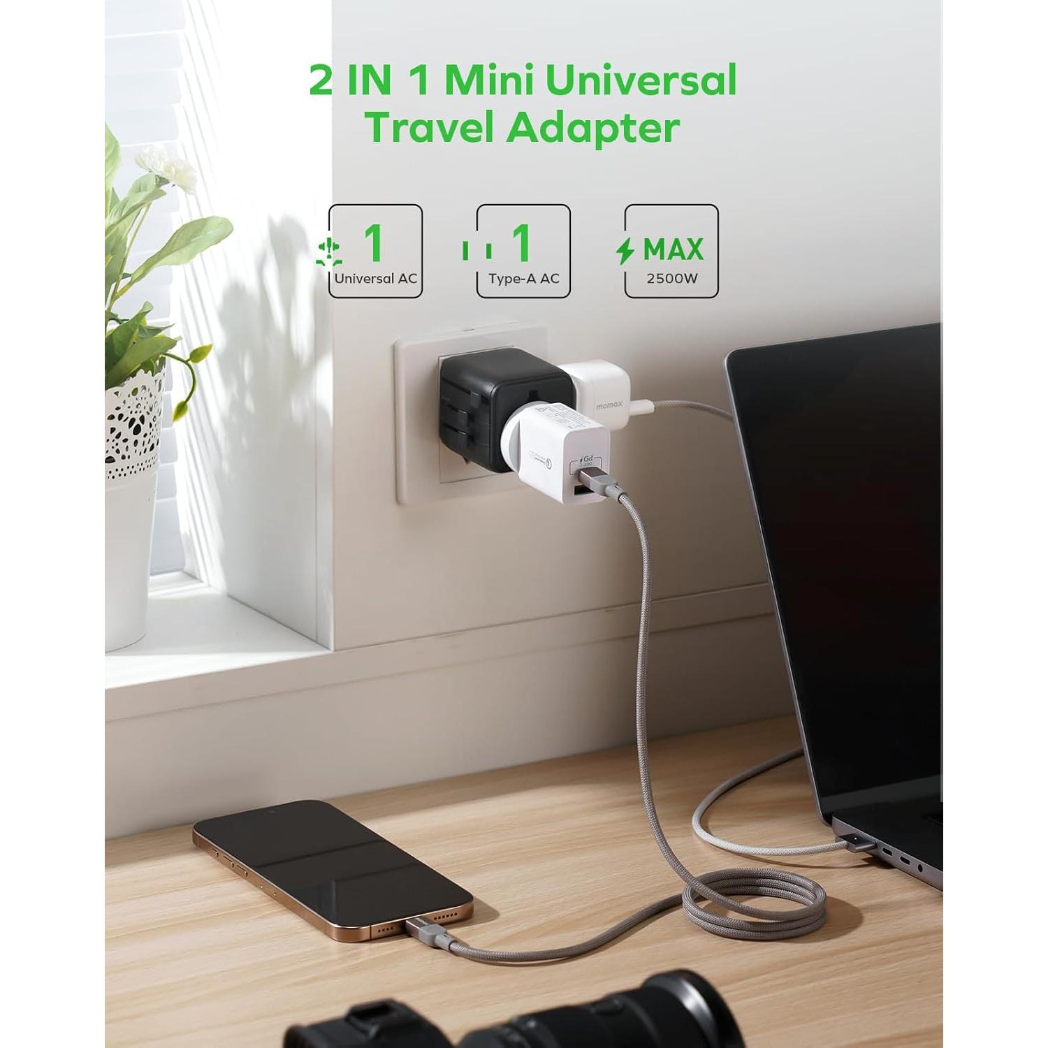 Adaptador de Viaje Universal MOMAX UA19 - 2 Tomas AC, Compacto