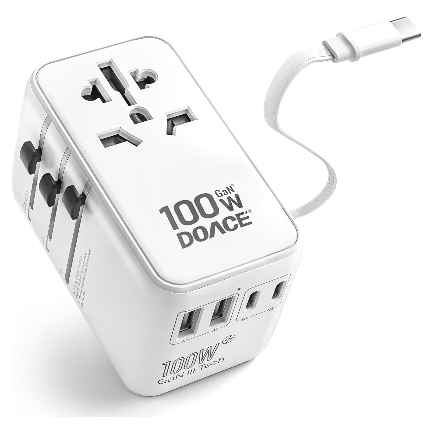 Adaptador de Viaje Universal DOACE 100W GaN 6 en 1 USB-C Blanco
