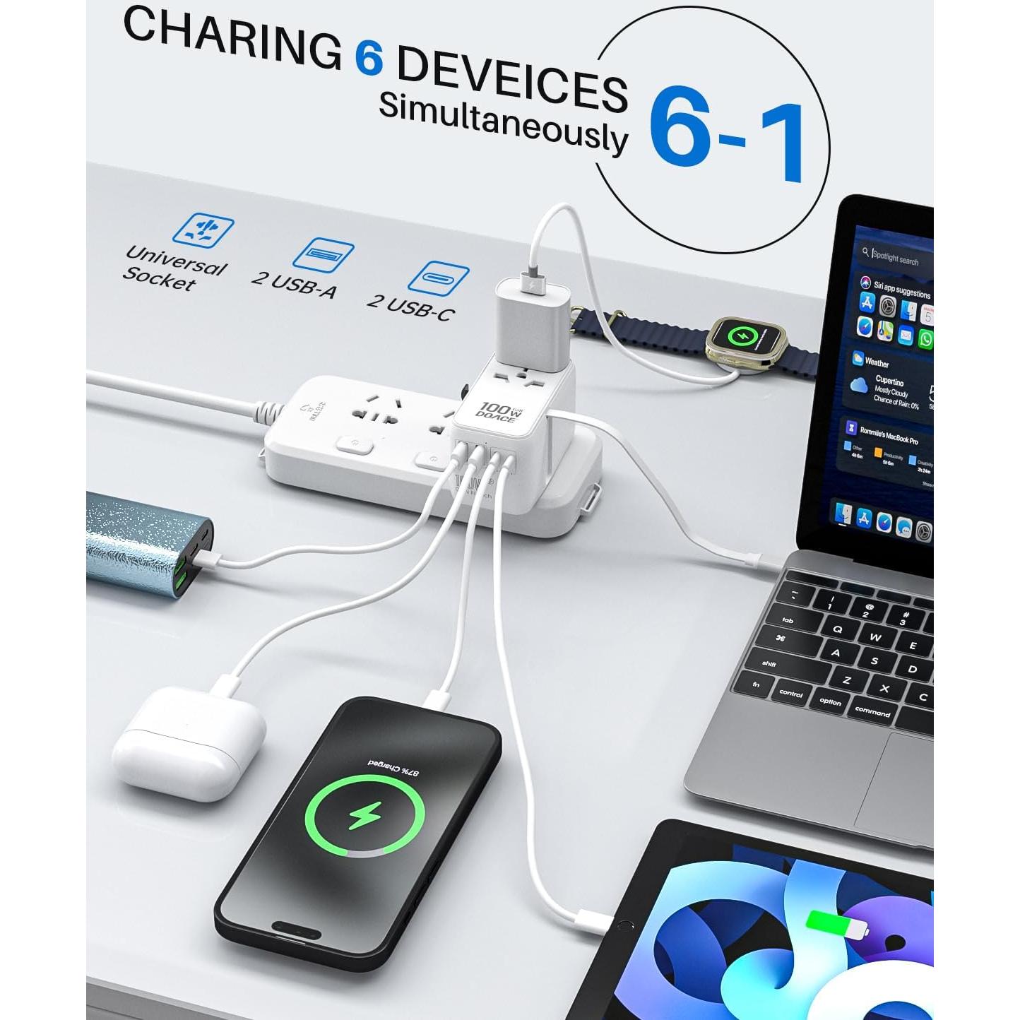 Adaptador de Viaje Universal DOACE 100W GaN 6 en 1 USB-C Blanco