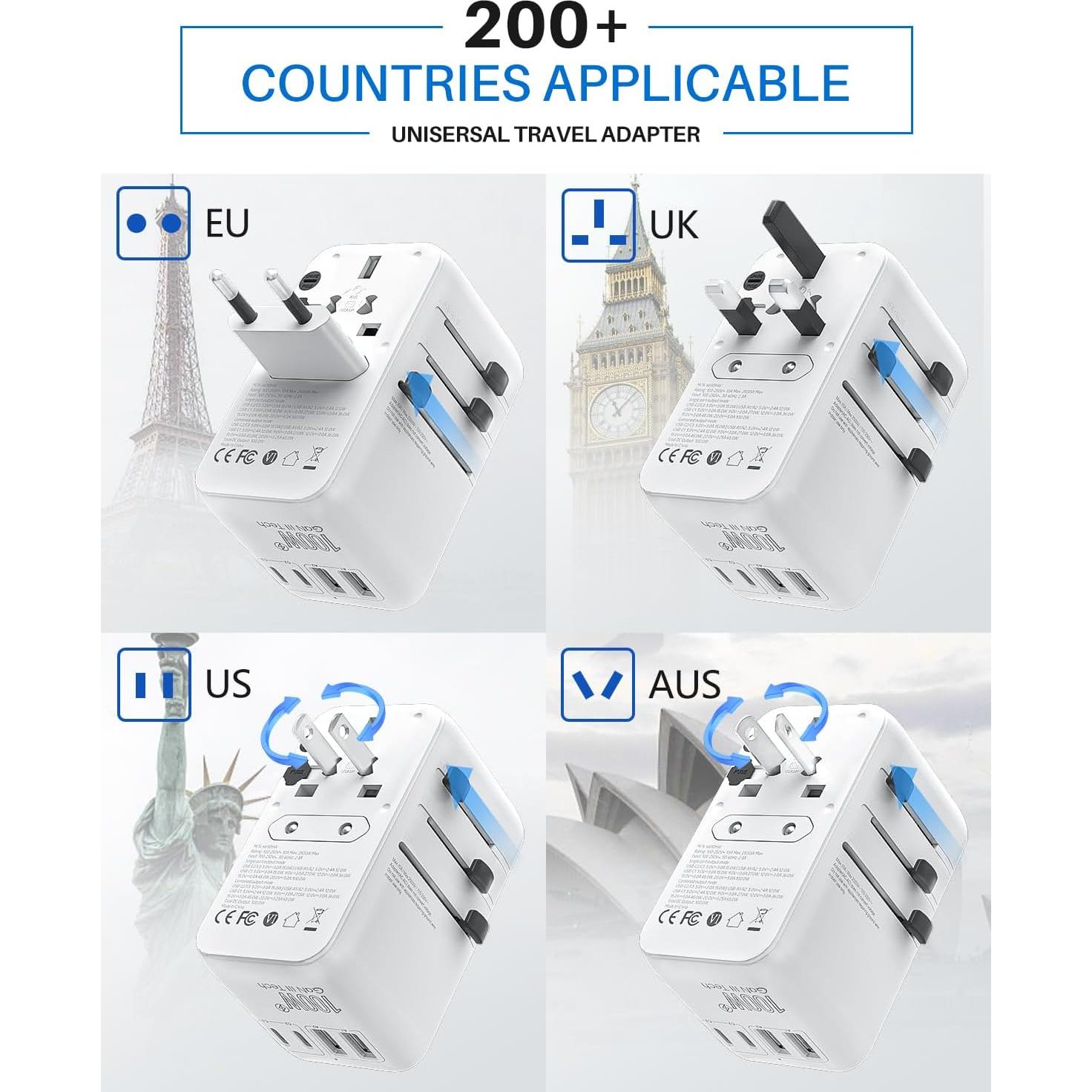 Adaptador de Viaje Universal DOACE 100W GaN 6 en 1 USB-C Blanco