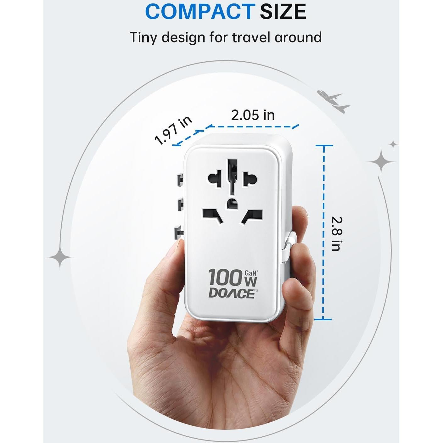 Adaptador de Viaje Universal DOACE 100W GaN 6 en 1 USB-C Blanco