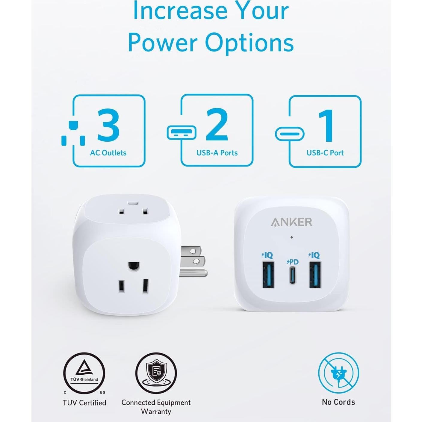 Extensor de Enchufe Anker 321 con 3 Salidas y USB-C 20W