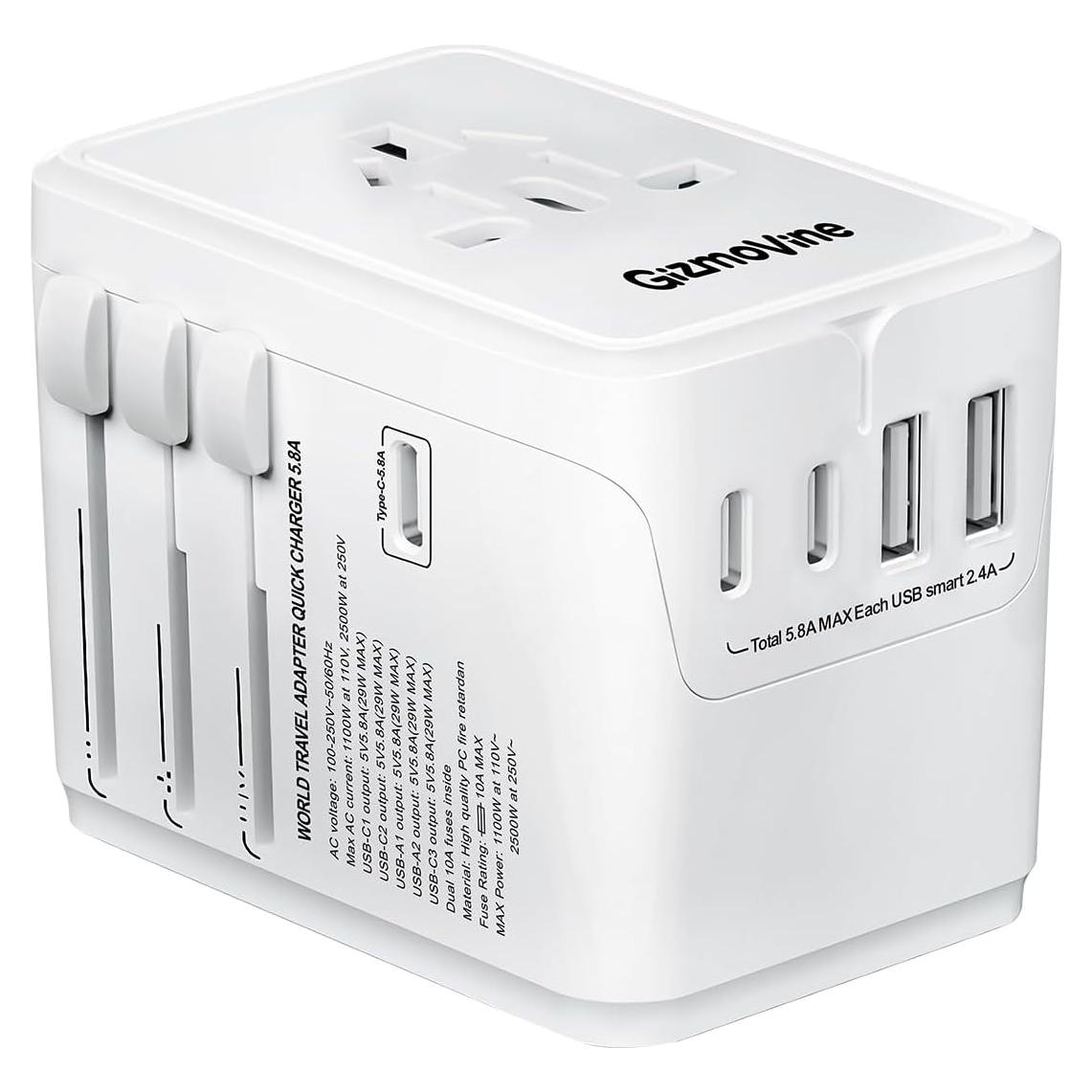 Adaptador de Viaje Universal 6 en 1 Gizmovine 10A Carga Rápida