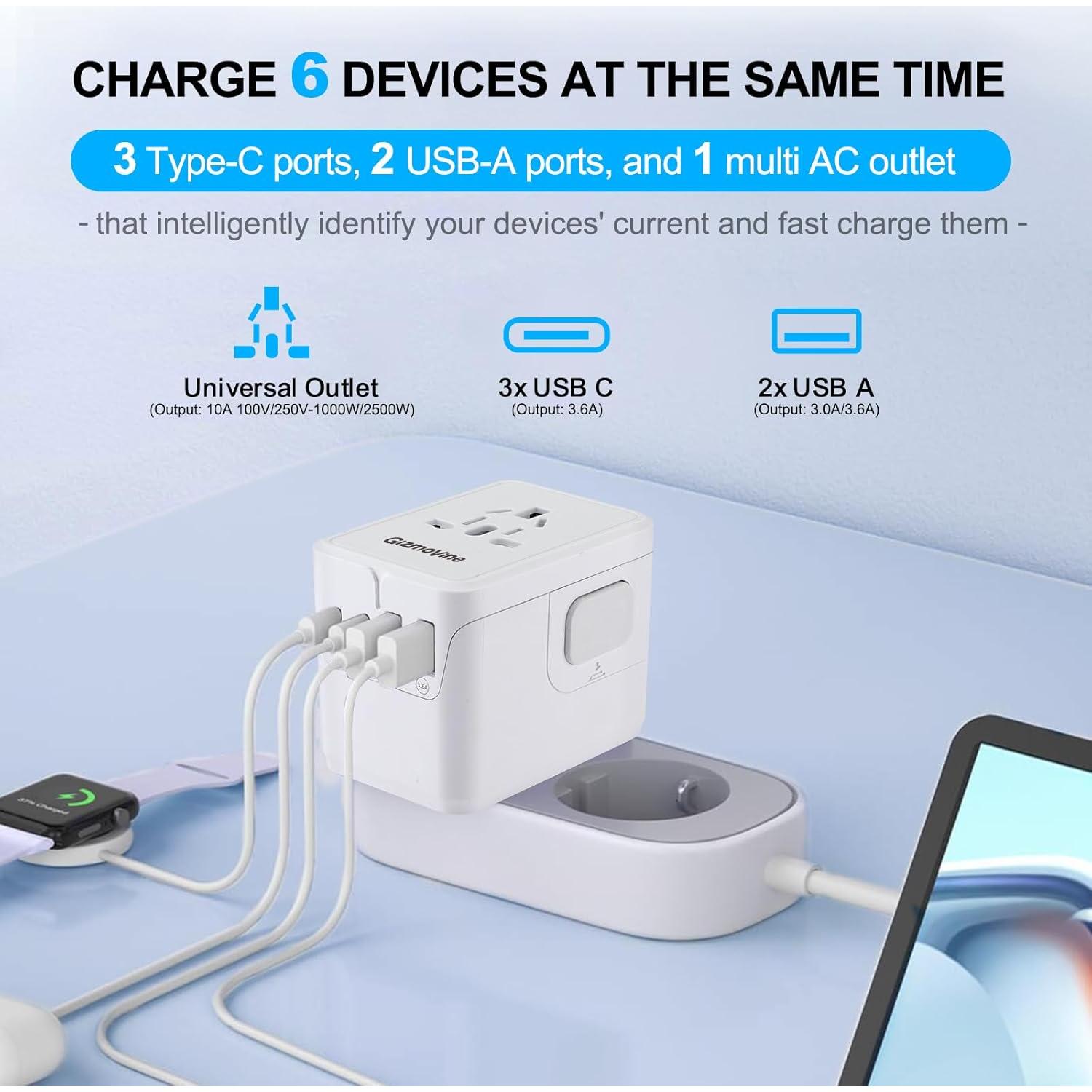 Adaptador de Viaje Universal 6 en 1 Gizmovine 10A Carga Rápida