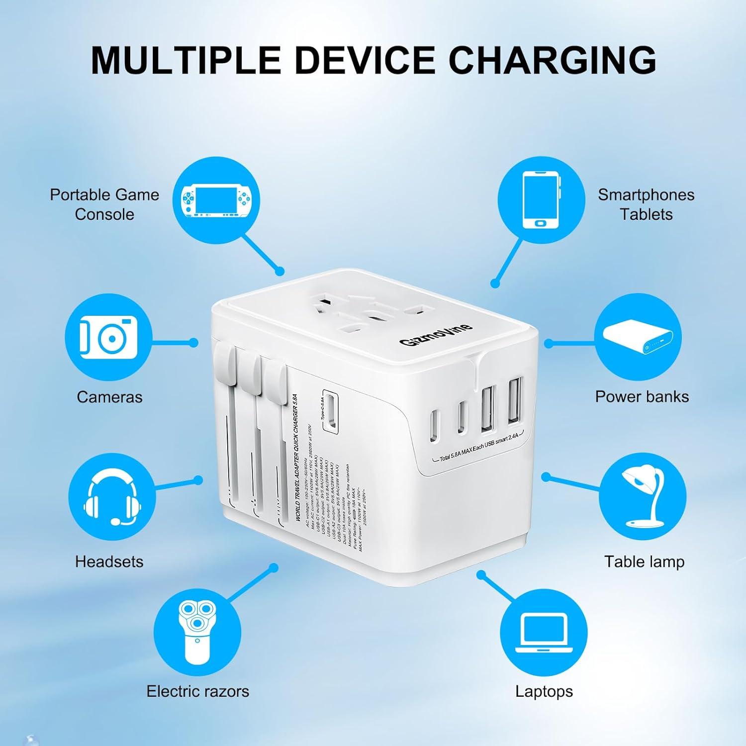 Adaptador de Viaje Universal 6 en 1 Gizmovine 10A Carga Rápida