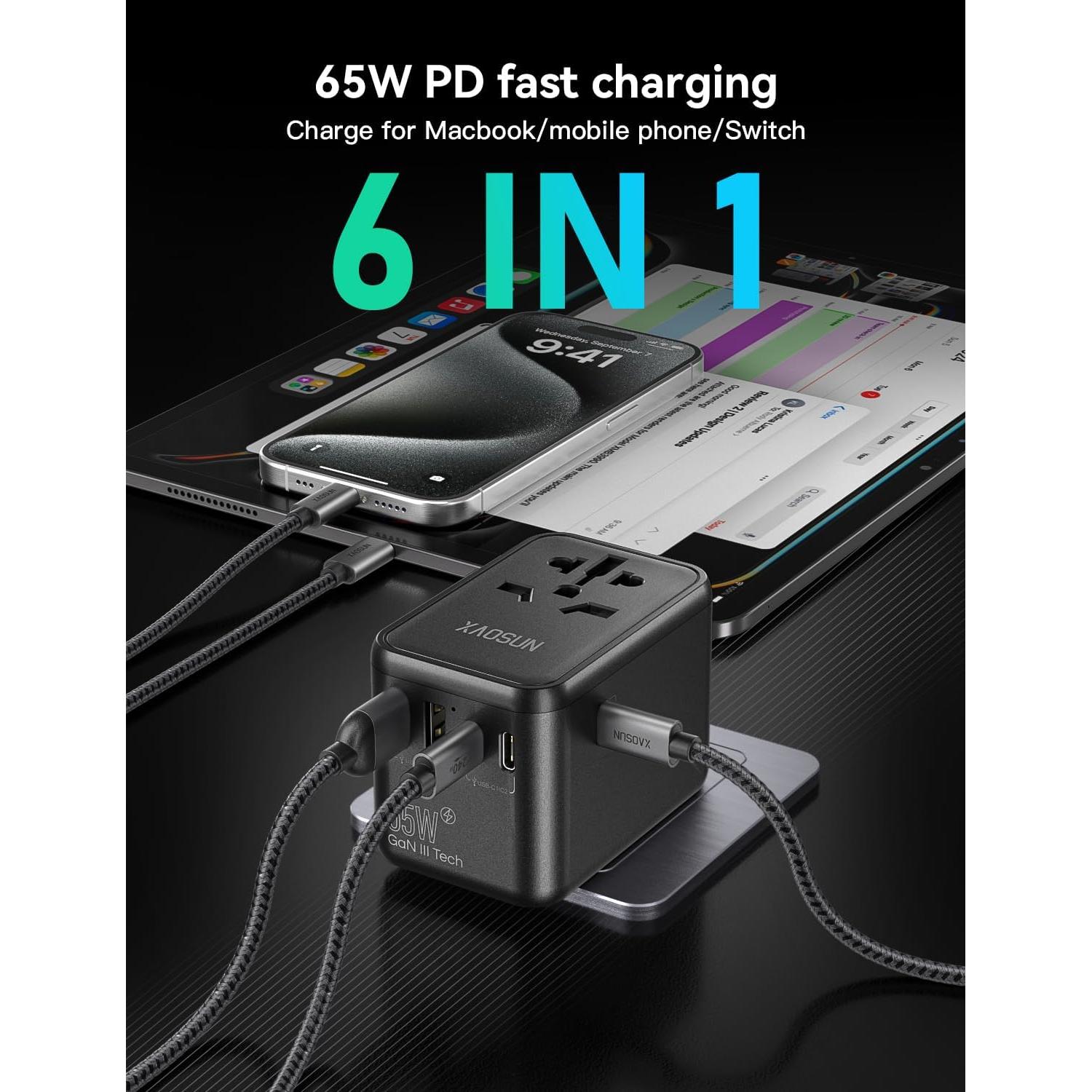 Adaptador de Viaje Universal XAOSUN 65W con 3 Type-C y 2 USB-A