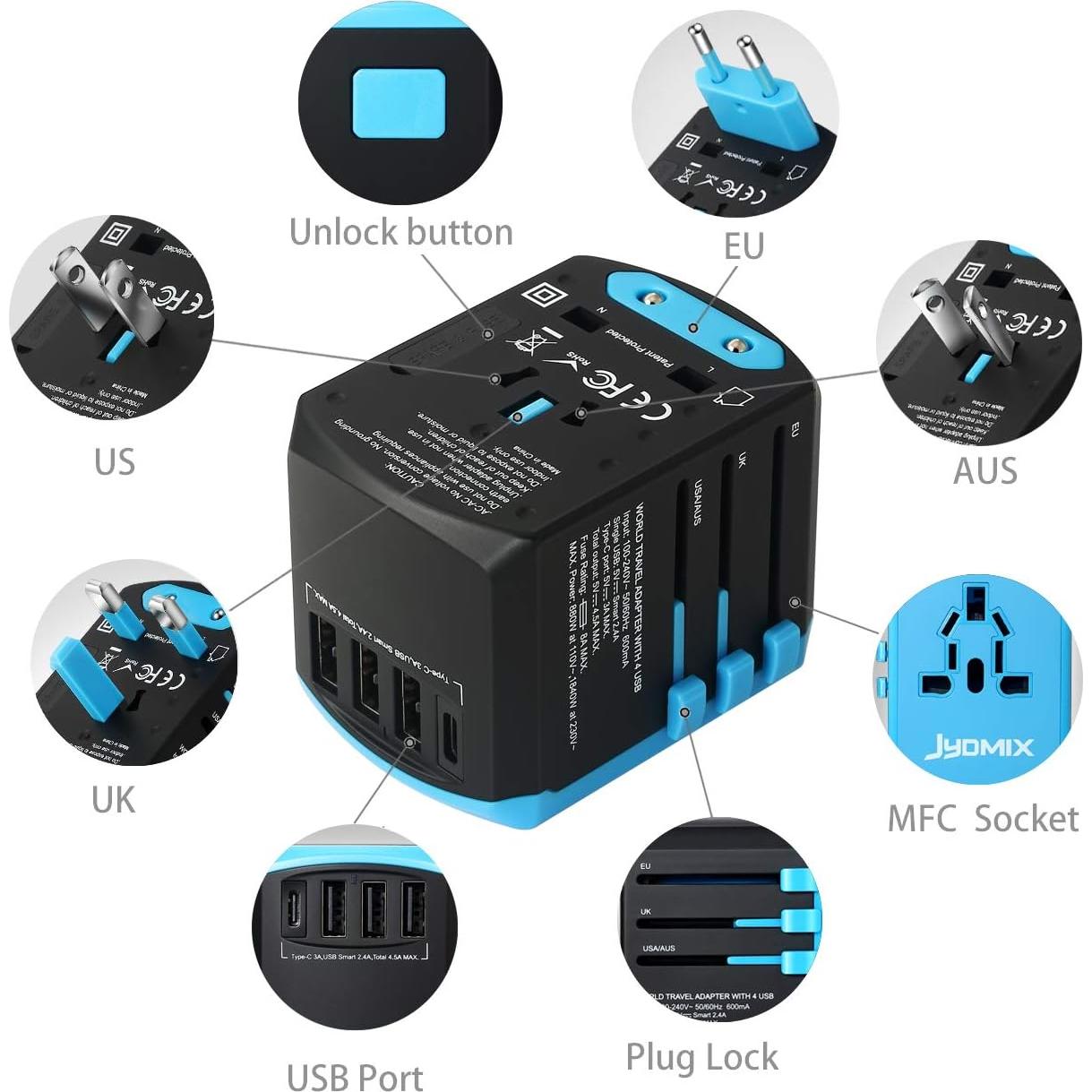 Adaptador de viaje universal Beondon con 3 puertos USB y tipo C