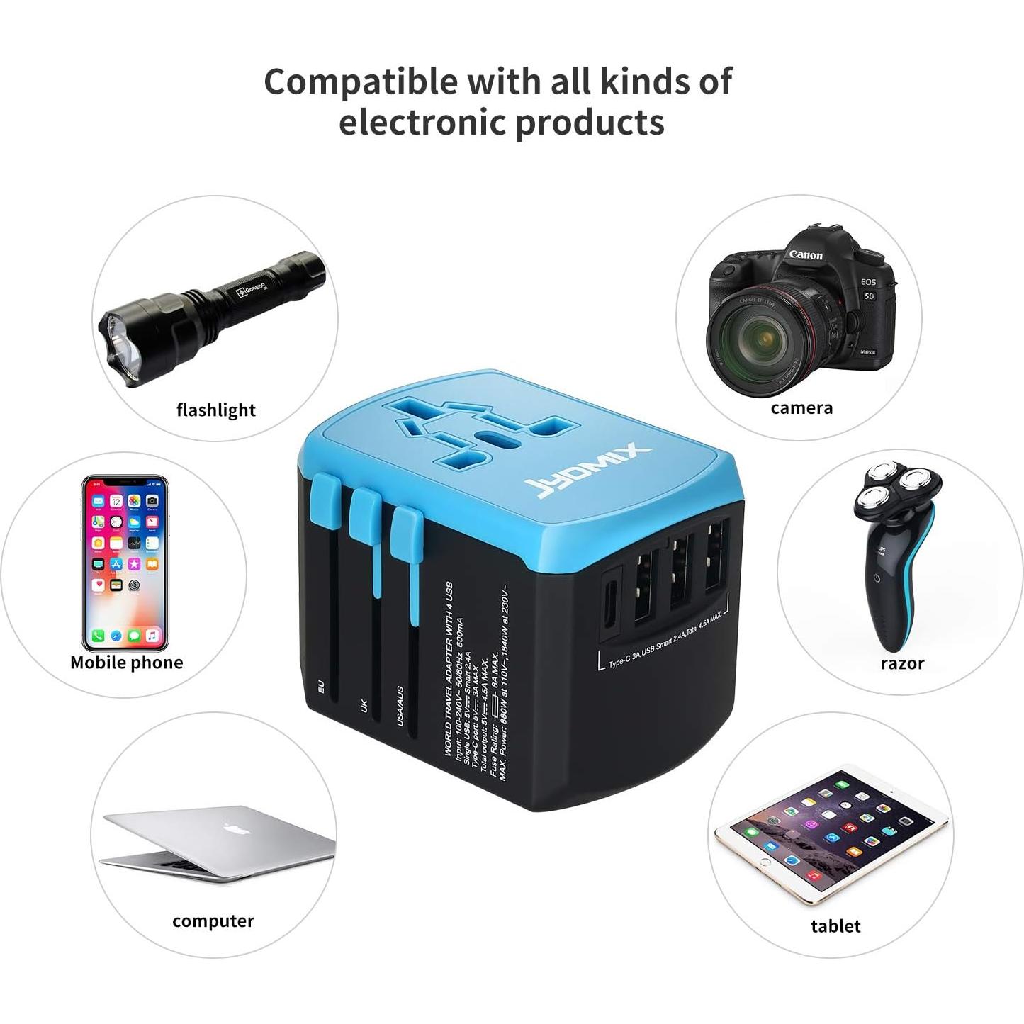 Adaptador de viaje universal Beondon con 3 puertos USB y tipo C