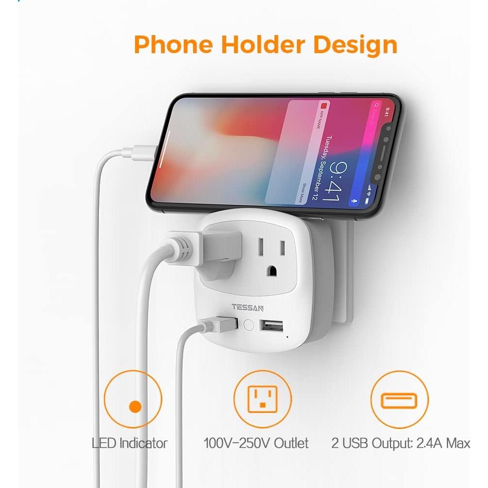 Adaptador de Enchufe de Viaje TESSAN Tipo C con 2 USB