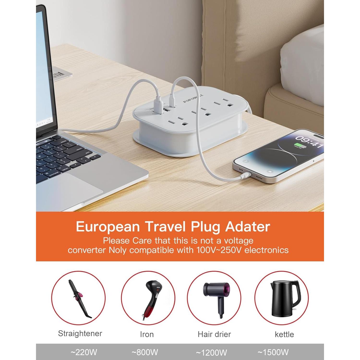 Adaptador de Enchufe de Viaje Popowell USB-C 1.5m 6 Salidas