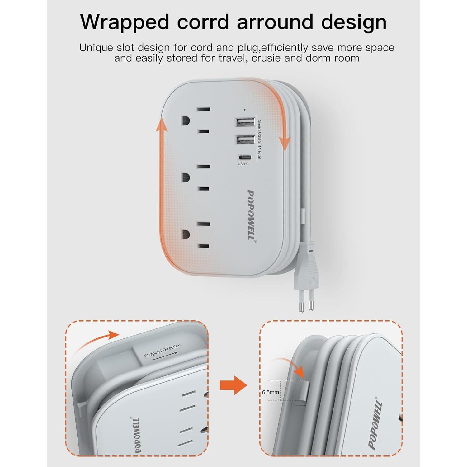 Adaptador de Enchufe de Viaje Popowell USB-C 1.5m 6 Salidas