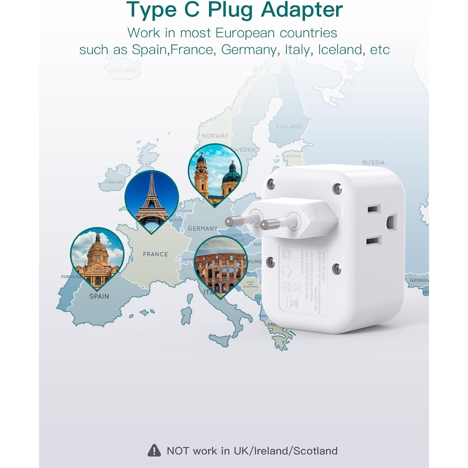 Adaptador de Enchufe de Viaje Addtam 6 en 1 con 3 Salidas y 3 USB