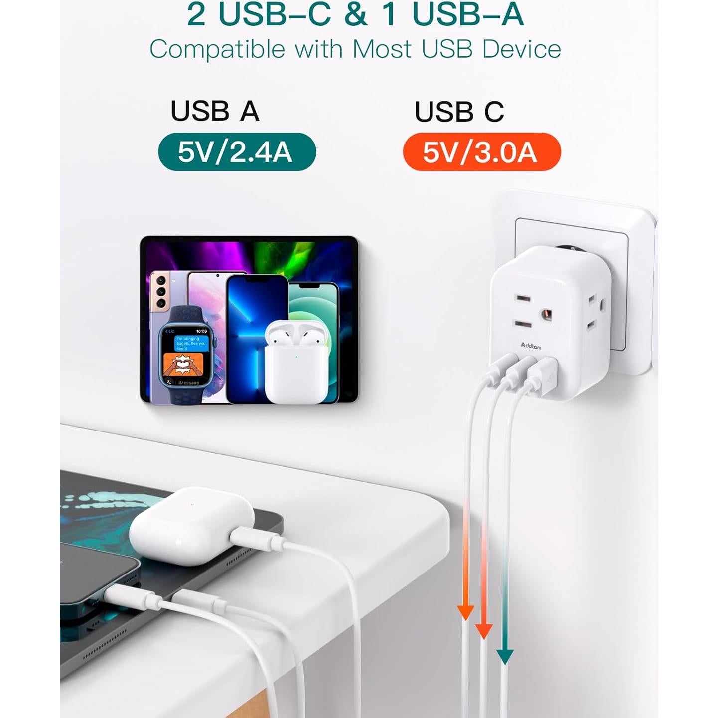 Adaptador de Enchufe de Viaje Addtam 6 en 1 con 3 Salidas y 3 USB