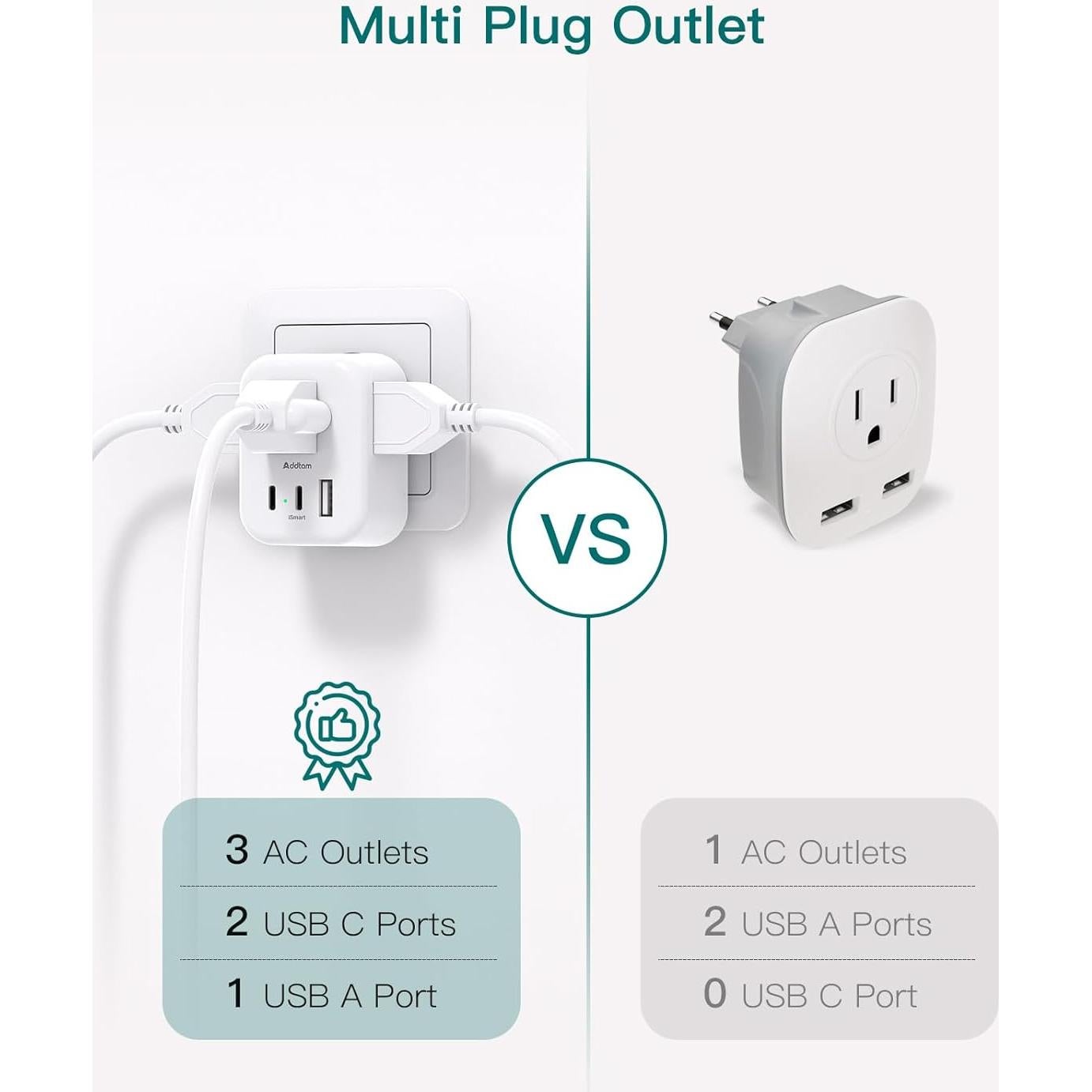Adaptador de Enchufe de Viaje Addtam 6 en 1 con 3 Salidas y 3 USB