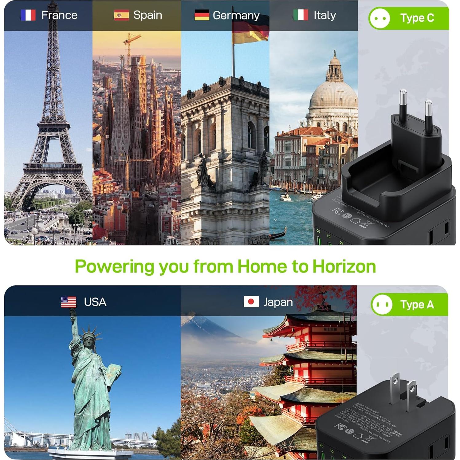 Adaptador de Enchufe de Viaje EPICKA 8-en-1 Tipo C Negro