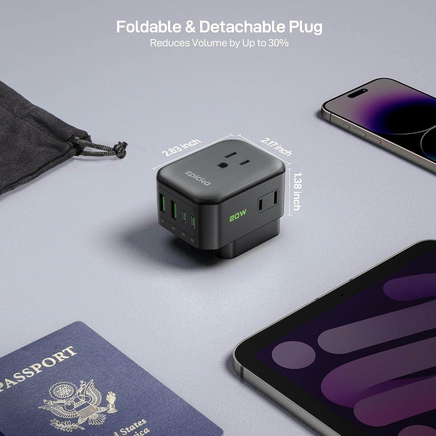 Adaptador de Enchufe de Viaje EPICKA 8-en-1 Tipo C Negro