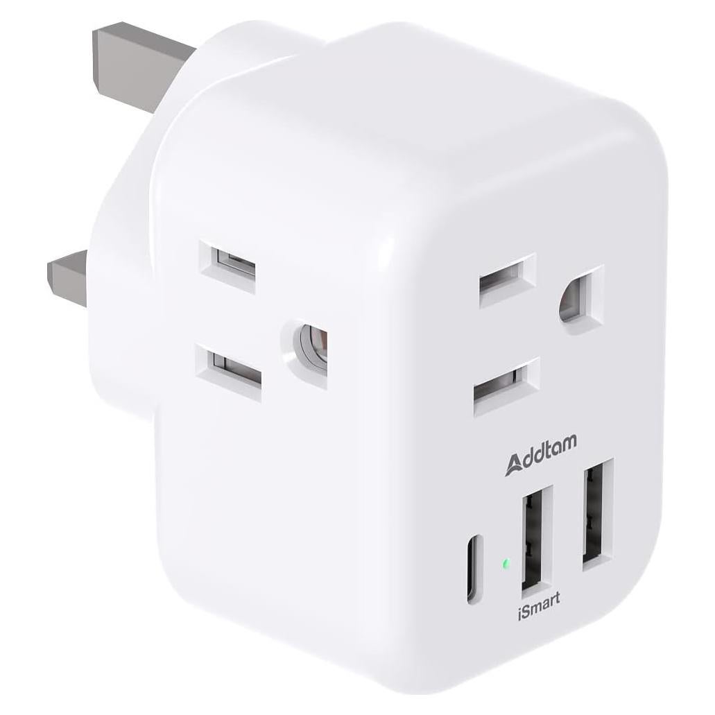 Adaptador de Enchufe Tipo G Addtam 6 en 1 con 3 USB