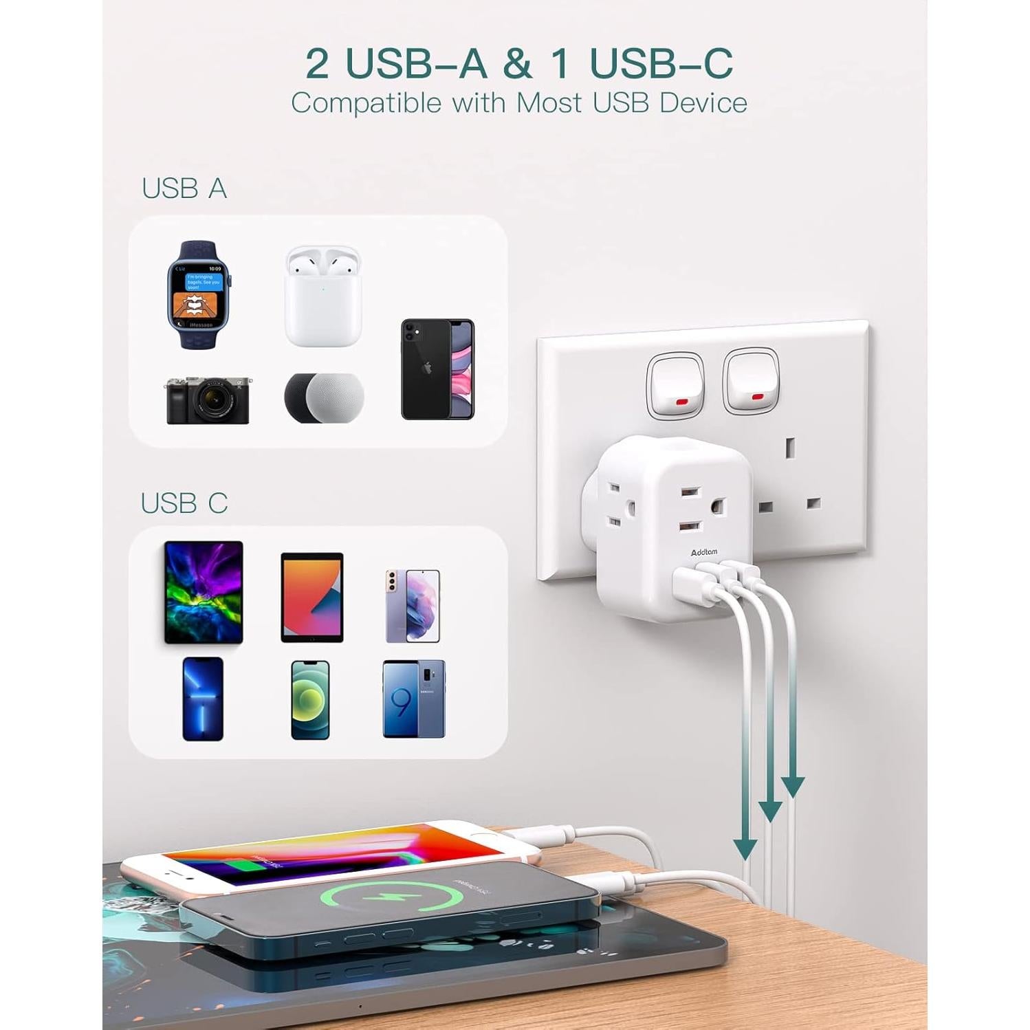 Adaptador de Enchufe Tipo G Addtam 6 en 1 con 3 USB