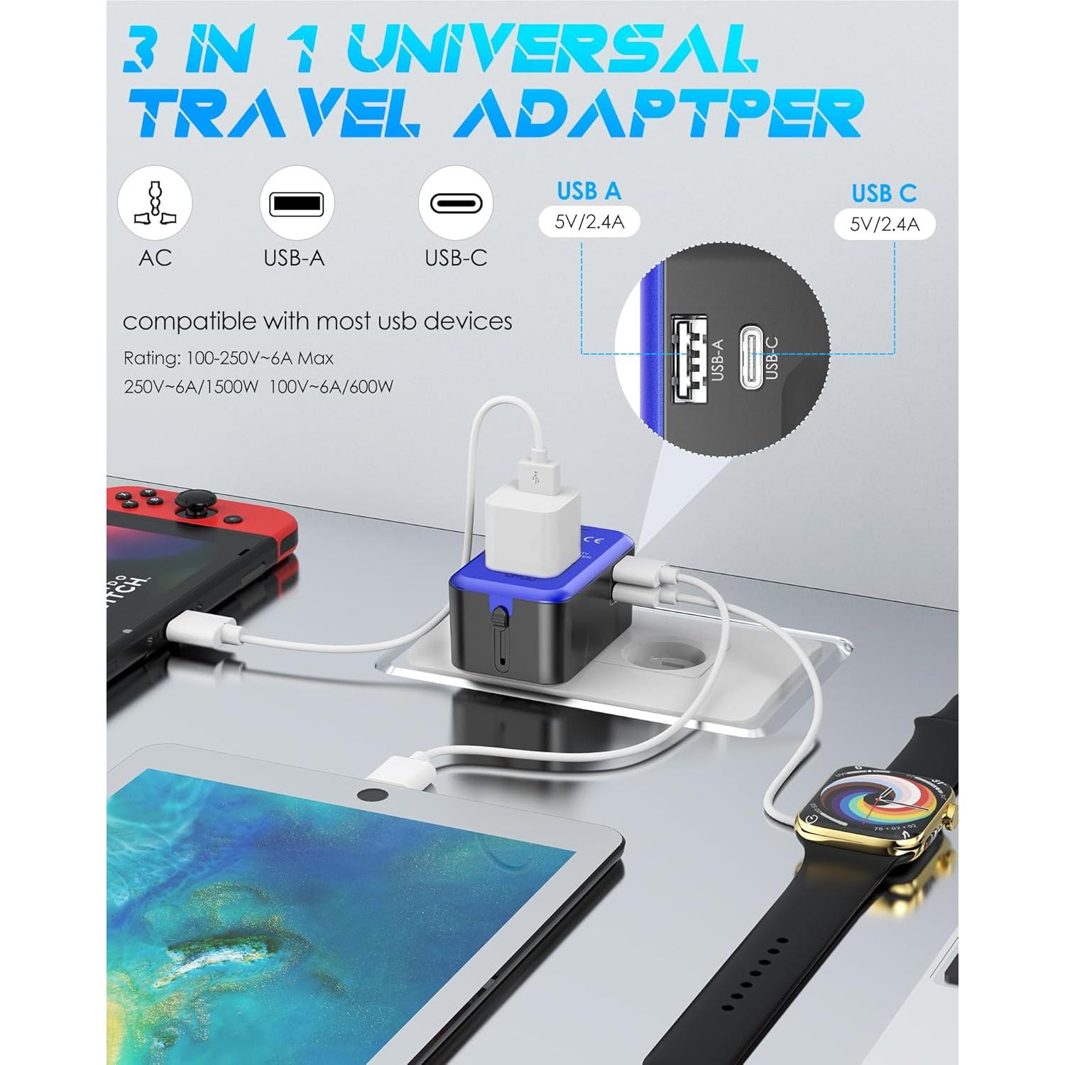 Adaptador de Viaje Universal URJD 2 Puertos USB Tipo C y A