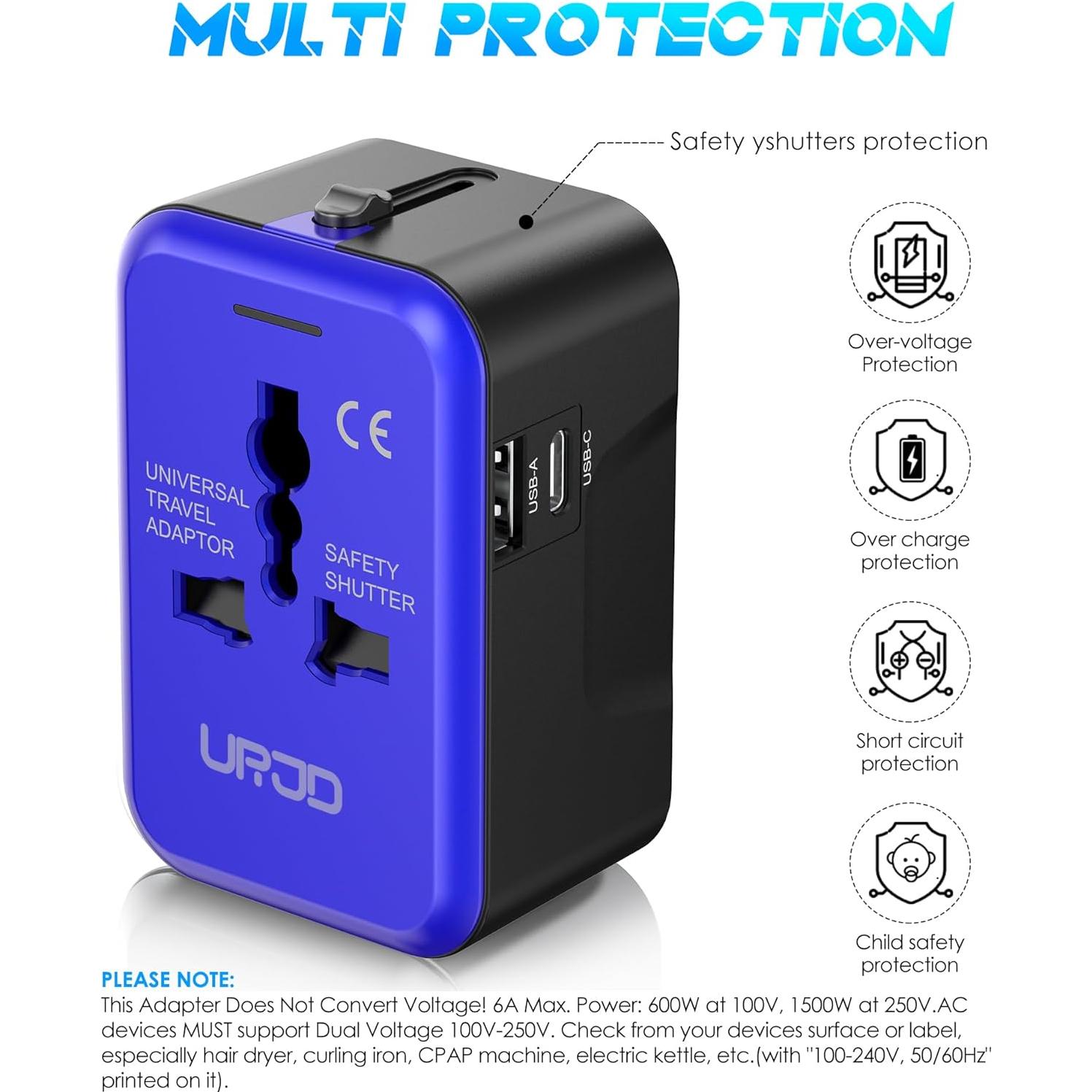 Adaptador de Viaje Universal URJD 2 Puertos USB Tipo C y A