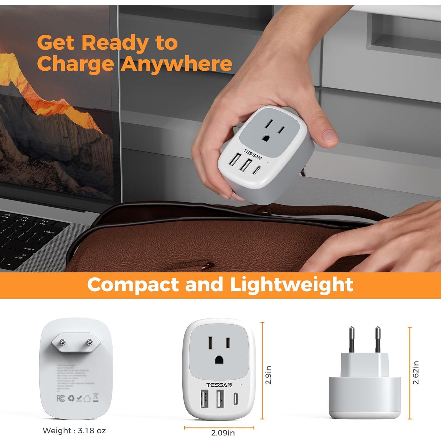 Adaptador de Enchufe de Viaje TESSAN Tipo C con 3 USB