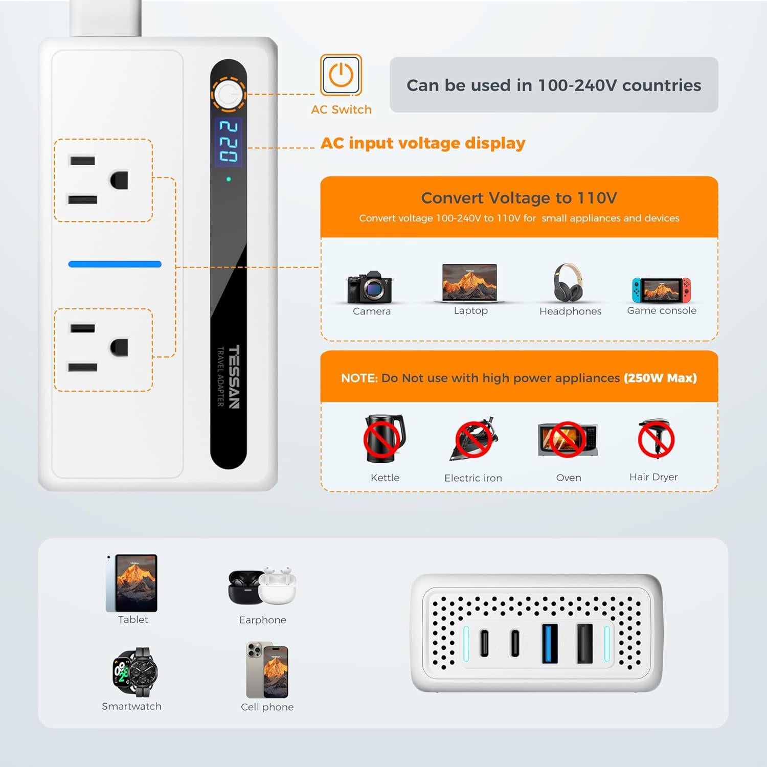 Convertidor de Voltaje 220V a 110V TESSAN con 4 USB
