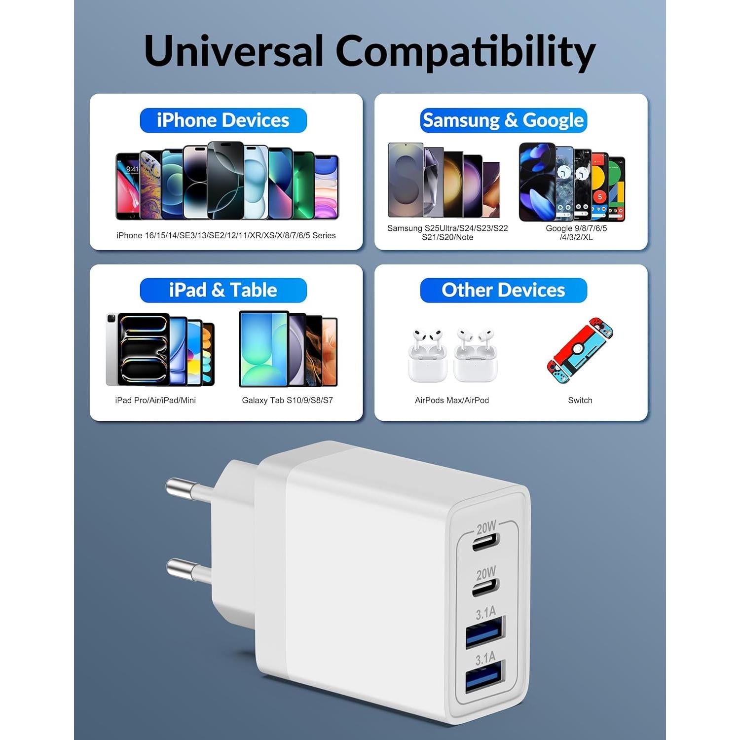 Adaptador de Enchufe de Viaje USB C 40W Heyuan Blanco