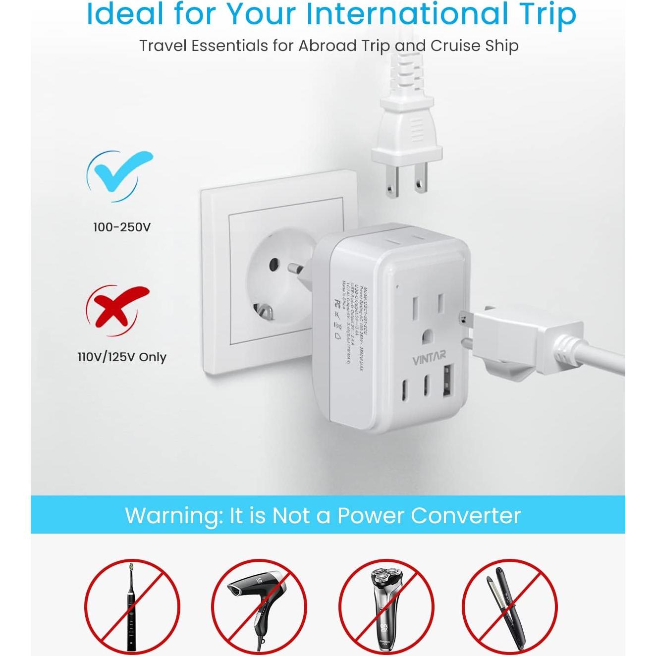 Adaptador de Enchufe de Viaje VINTAR Tipo C 2 Paquetes USB