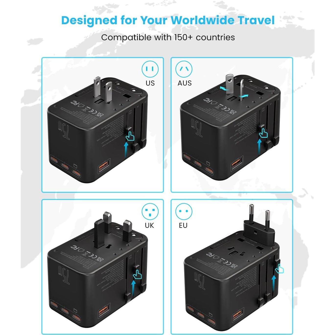Adaptador de Viaje Universal VINTAR 75W con 5 Puertos USB