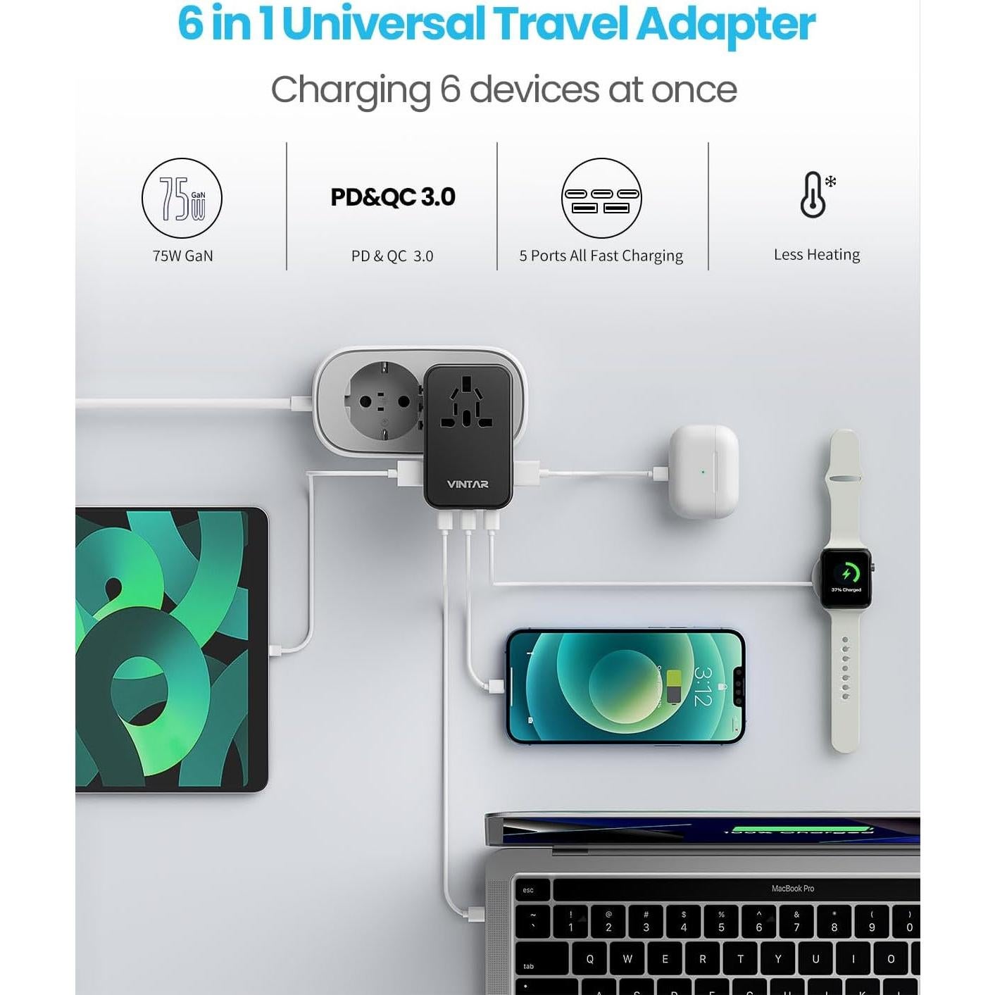 Adaptador de Viaje Universal VINTAR 75W con 5 Puertos USB