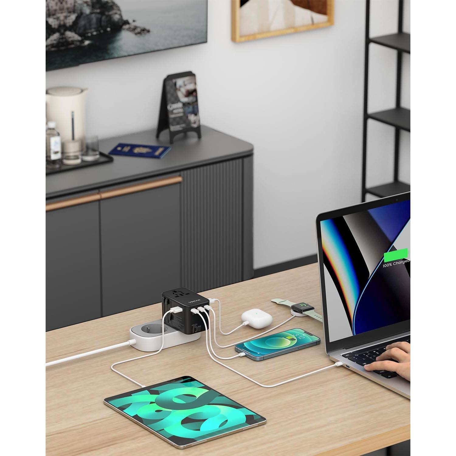 Adaptador de Viaje Universal VINTAR 75W con 5 Puertos USB