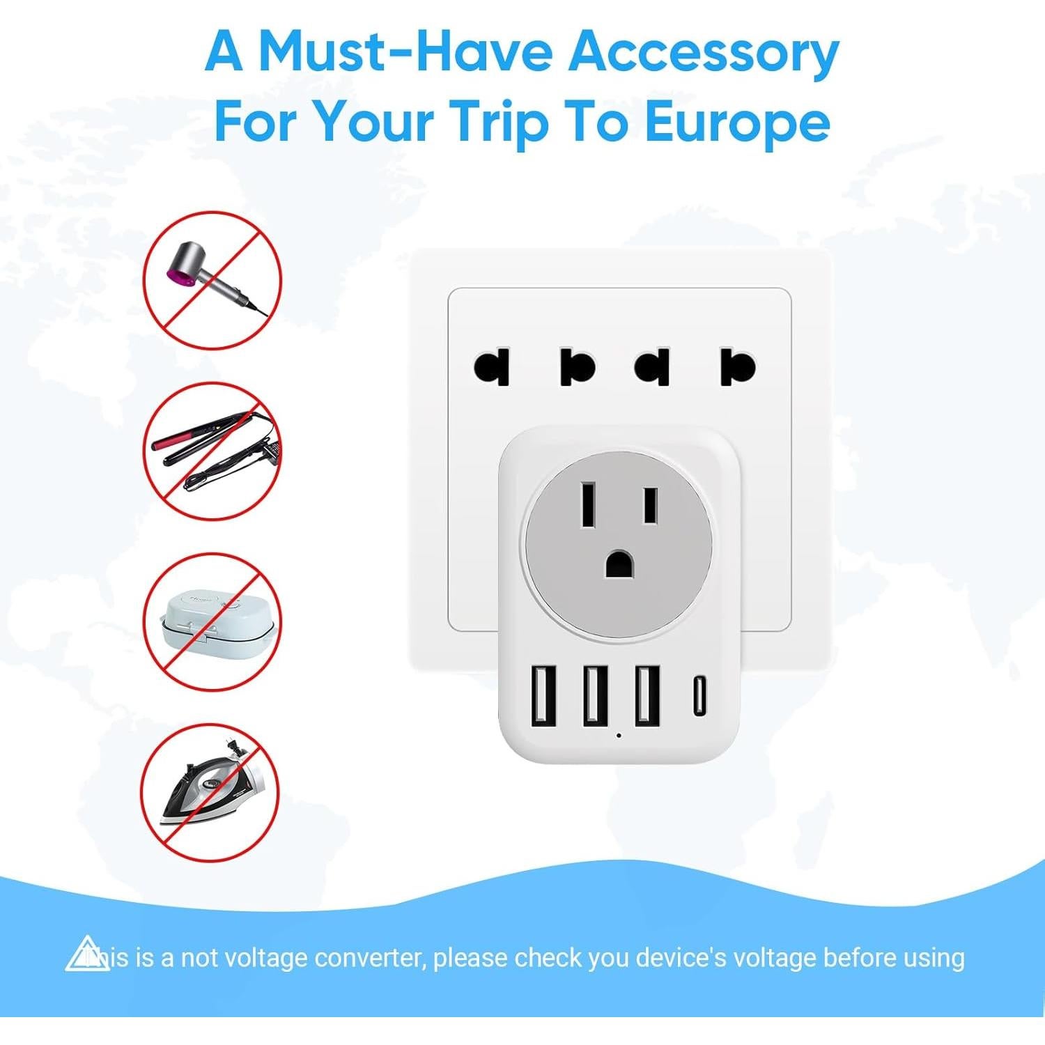 Adaptador de Enchufe de Viaje RATEA Tipo C 5 en 1 para Europa