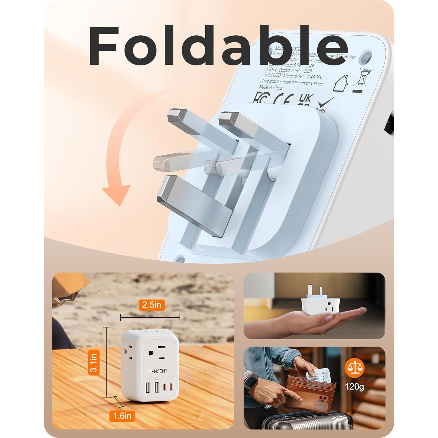 Adaptador de Enchufe Plegable LENCENT Tipo G con 4 USB