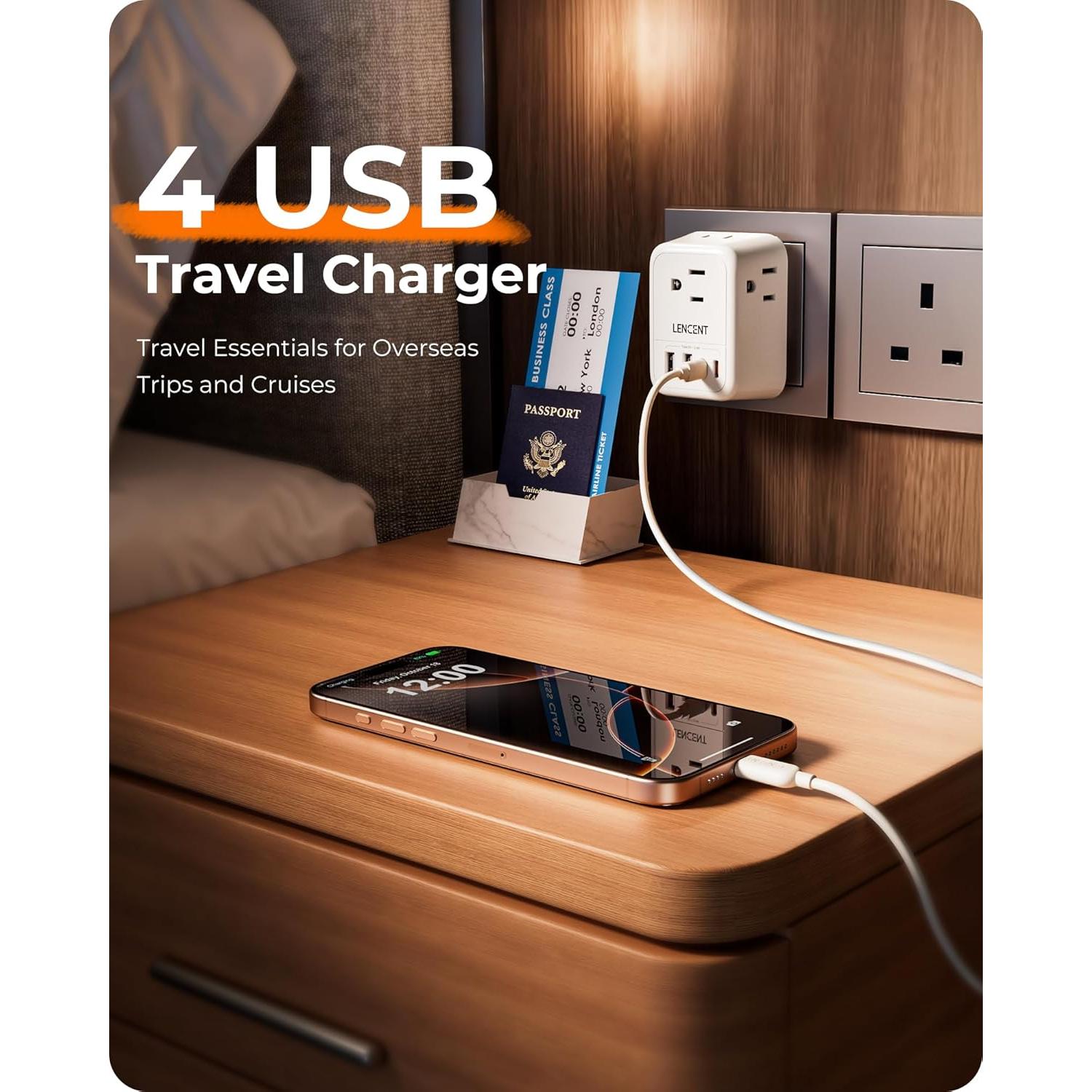 Adaptador de Enchufe Plegable LENCENT Tipo G con 4 USB